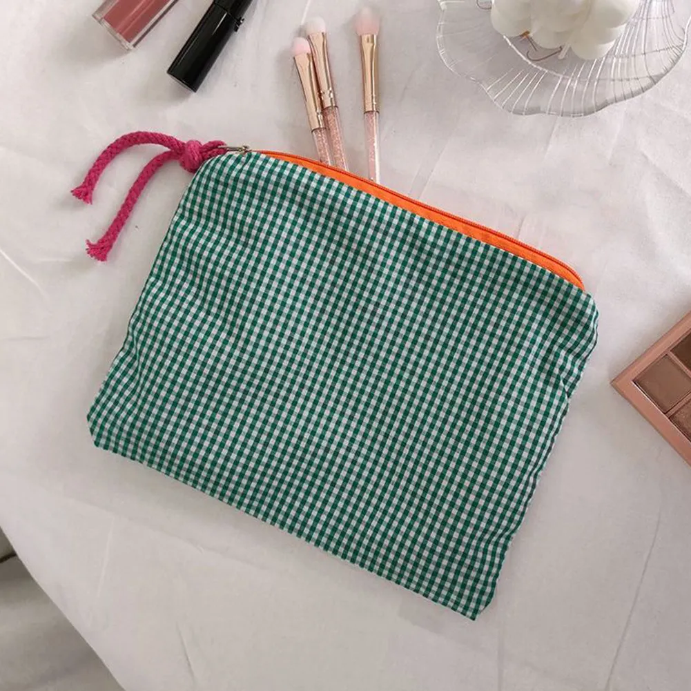 Mode Frauen Plaid Druck Kleine Kosmetik Baumwolle Stoff Make-Up Lagerung Taschen Japan Stil Zipper Kulturbeutel Waschen_voghion.com