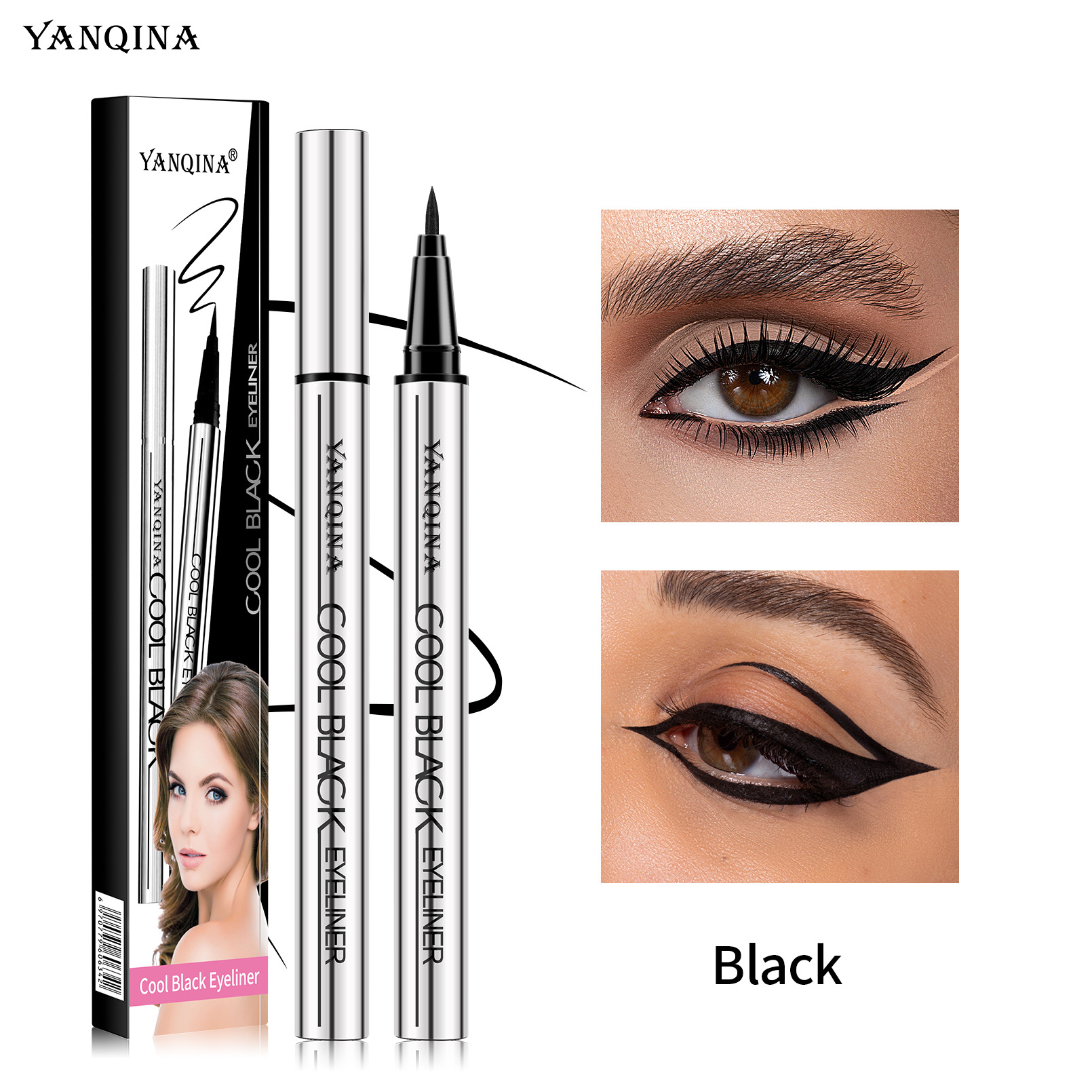 YANQINA Schwarzer, glatter, silberner Schlauch, schnelltrocknend, wasserfest, schweißfest, wischfest, ultrafeines Eyeliner-Stift-Make-up_voghion.com
