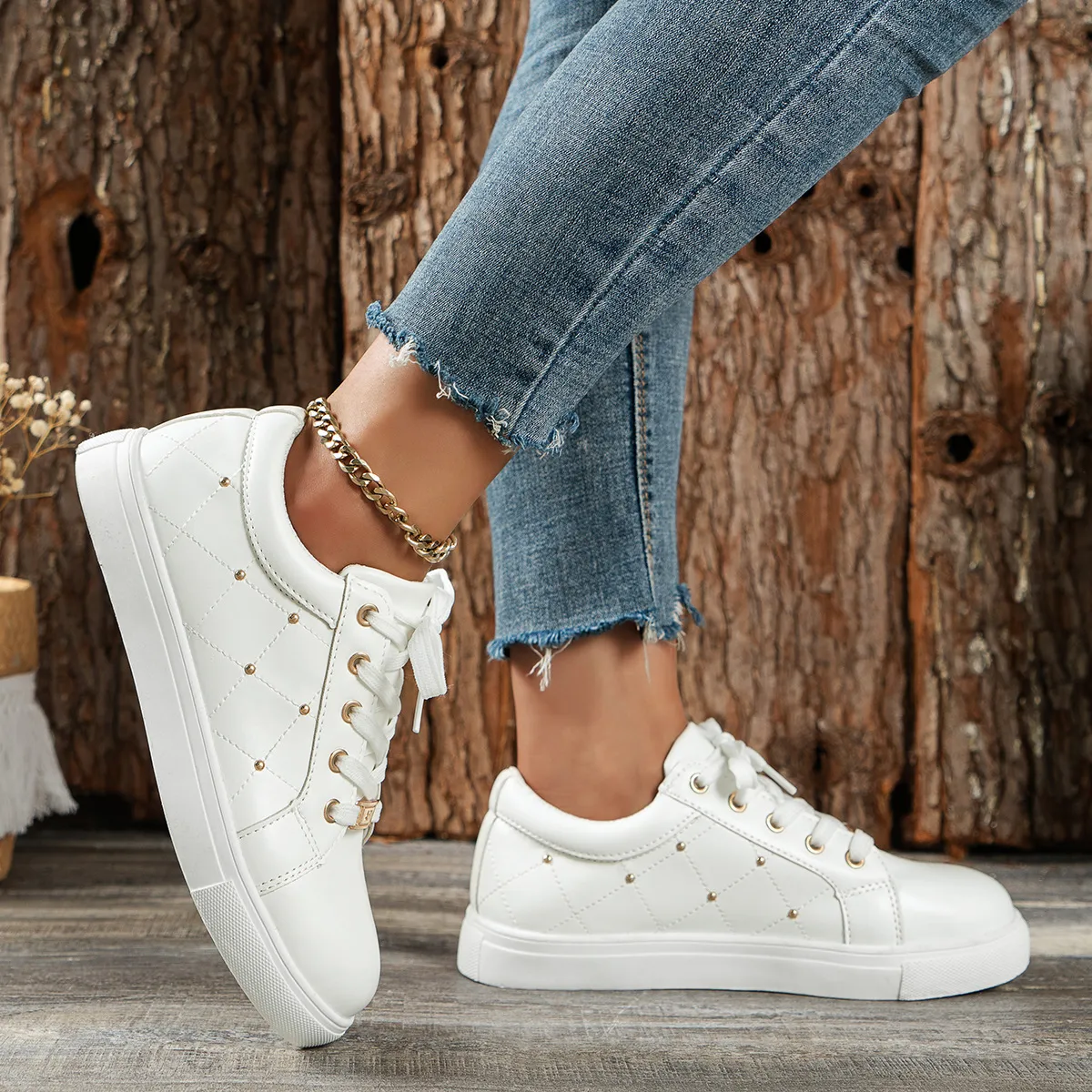 Casual Board Shoes White Round Toe Lightweight Comfortable Trainers_voghion.com