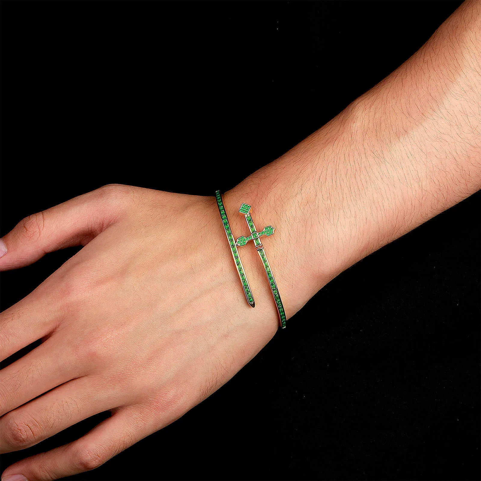 Sword Of Justice Symble Open Cuff Bangle Bracelet Ins Hip Hop Cross Green Purple Color AAA CZ Stone Shiny Cubic Zirconia_voghion.com