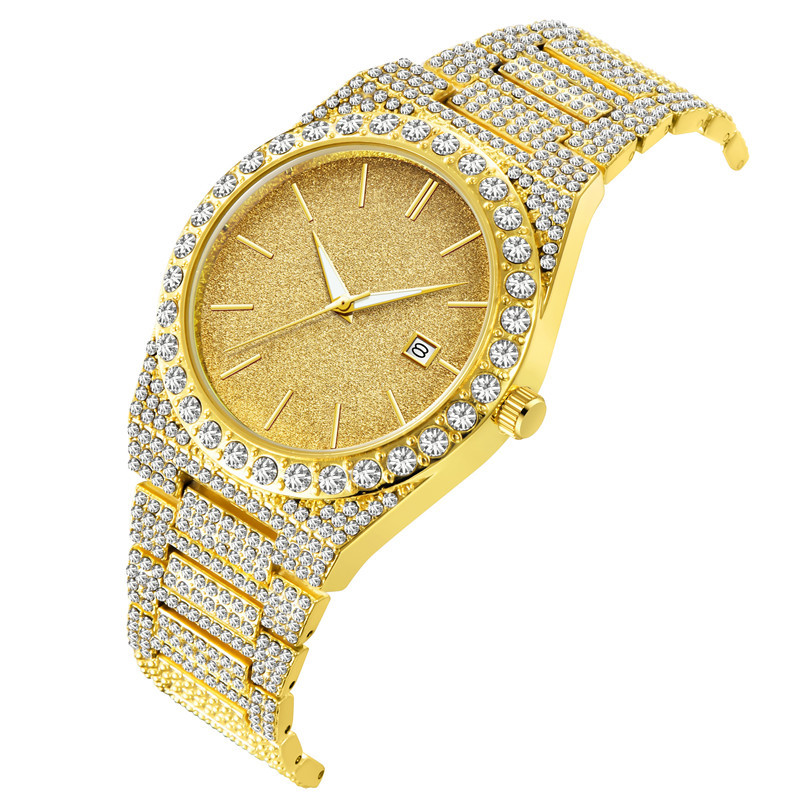 Orologio da uomo al quarzo con calendario in oro e argento con diamanti e datario - Cassa e cinturino in lega - Diverse opzioni di colore_voghion.com