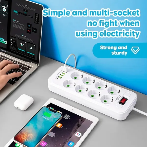 Protector contra sobretensiones de 8 tomas con puerto USB-C y 4 puertos USB, compatible con los estándares de la UE._voghion.com