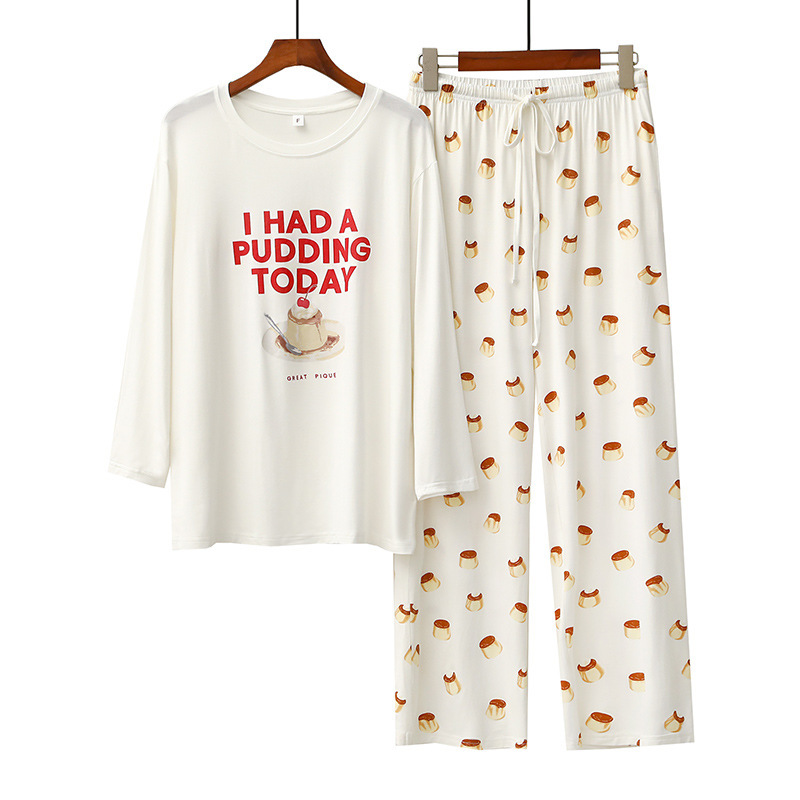 Vêtements pour femmes pyjamas pour femmes printemps et automne modal lettre gâteau imprimé col rond pantalon à manches longues mignon vêtements de maison frais_voghion.com