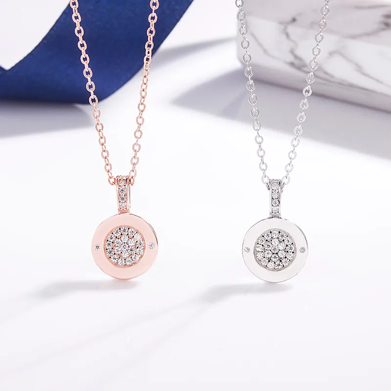 Doppelseitige Halsketten mit rundem Anhänger für Frauen, Roségold, Strass, Sterlingsilber, Chokerhalskette, modische Mädchenparty_voghion.com