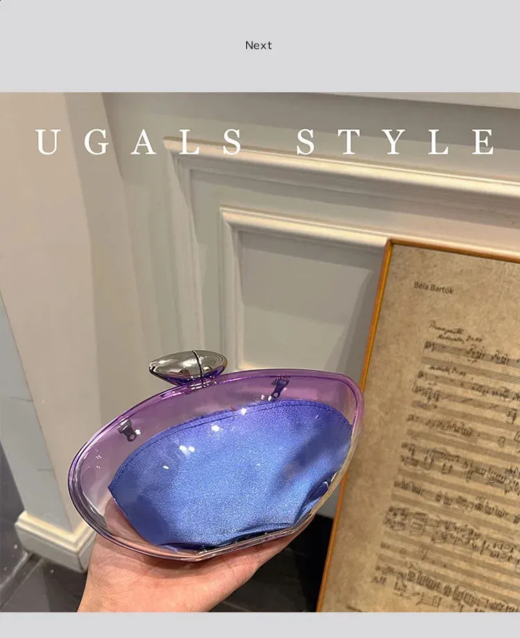 Borsa a mano a forma di conchiglia in acrilico, oro, argento, blu, da sera, da donna, carina, in metallo lucido, all'ingrosso 240907_voghion.com