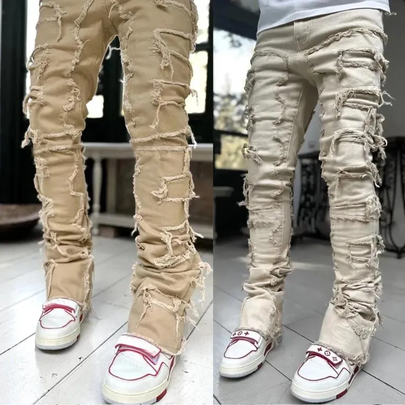 Blugi stivuiți pentru bărbați, stil hip hop, stil bărbătesc, stil 2024, stil stivuit, stil slim fit, stil Distressed, stil distrus_voghion.com