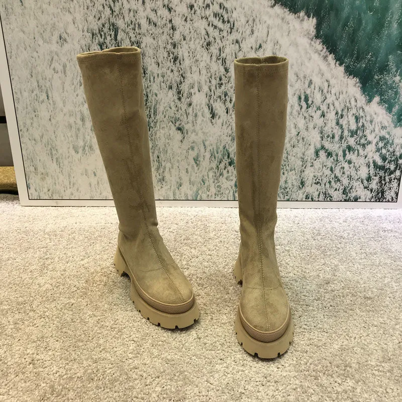 Frauen Herbst Winter Neue Plattform Dünne Ärmel Stretch frauen Runde Kappe Vintage Hohe Stiefel Botas De Mujer_voghion.com