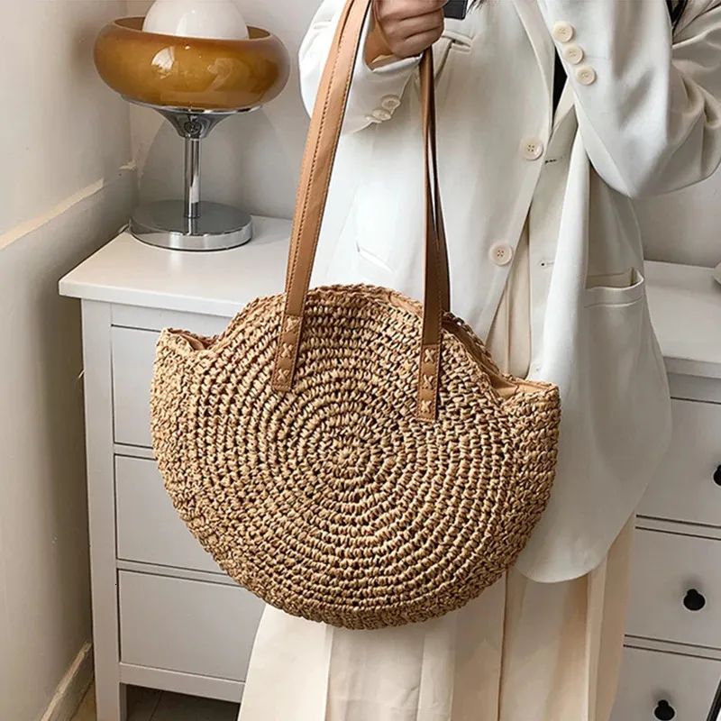Damen Stroh Schultertasche Für Den Strand Große Handtasche_voghion.com