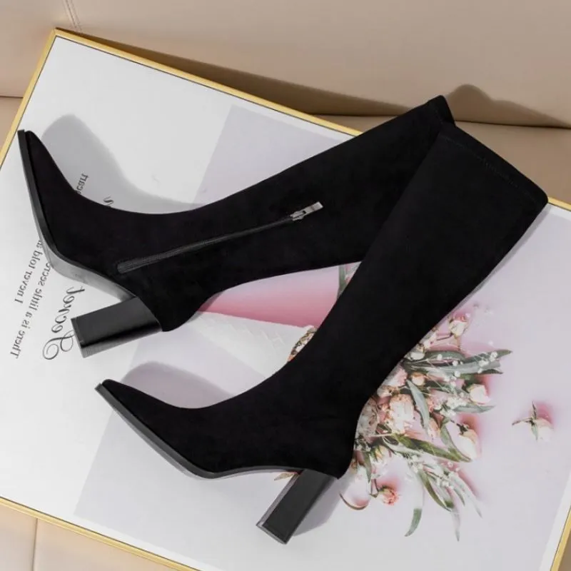 Knee Boots Zipper Thick High Heel Shoes Women Square Toe Winter Warm Long Boot Leather Party Footwear Size 34-39_voghion.com