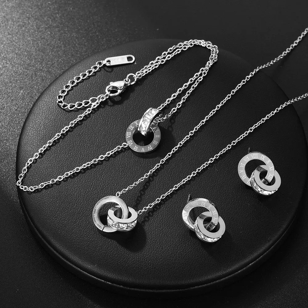 Elegant Stainless Steel Roman Numerals Jewelry Set For Women Crystal Earrings Bracelet Necklace Gift 240125_voghion.com