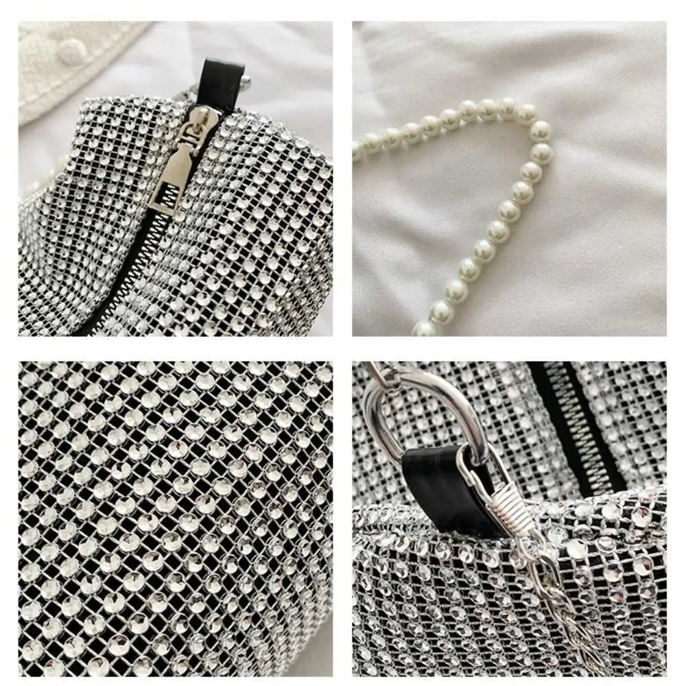 Sac messager à fermeture éclair en métal avec poignée en perles, grande capacité, sac à bandoulière décoratif à diamants brillants pour lui/voyage Y241026_voghion.com