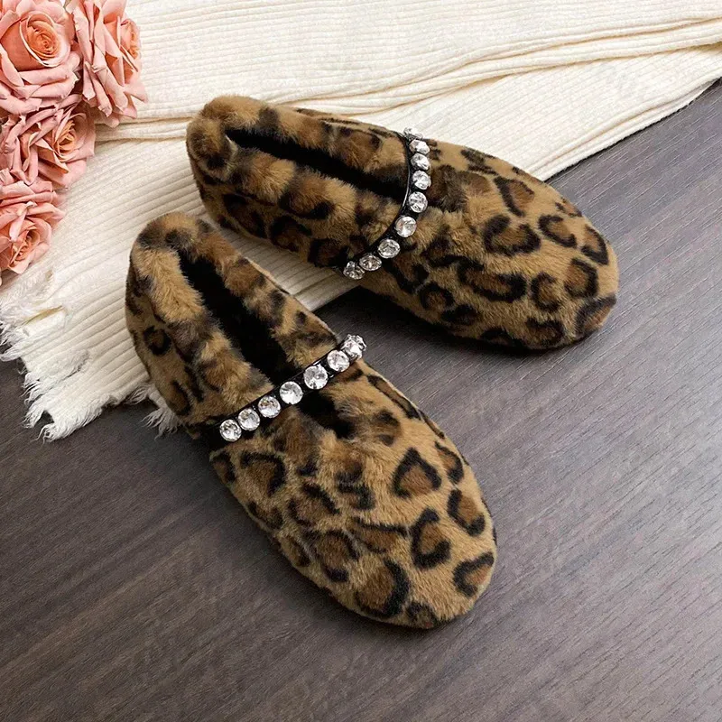 Fashion Leopard Fur Ballet Apartment Water Dia Buckle With Mary Jane Shoes Womens Winter Warm Plush Shallow Load 241122_voghion.com