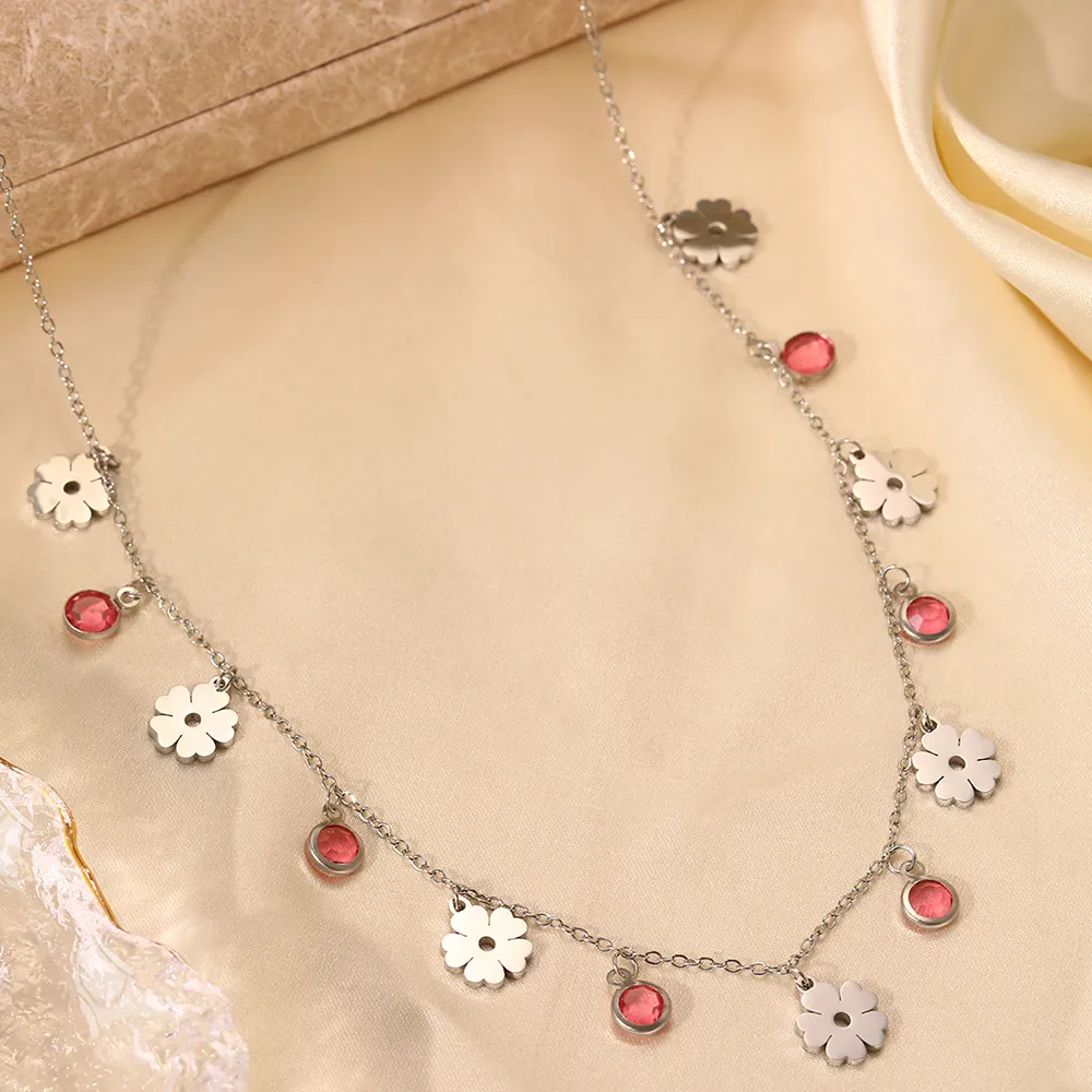 Chaînes en acier inoxydable Colliers exquis pendentif fleur en cristal rouge chaîne de pull collier de mode pour femmes bijoux_voghion.com