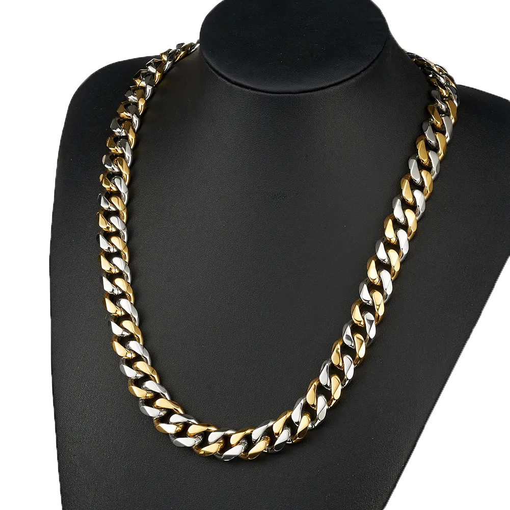 Chaînes 13/15 mm de large Hip-hop en acier inoxydable couleur argent/or/noir chaîne cubaine gourmette pour hommes et femmes collier ou bracelet_voghion.com