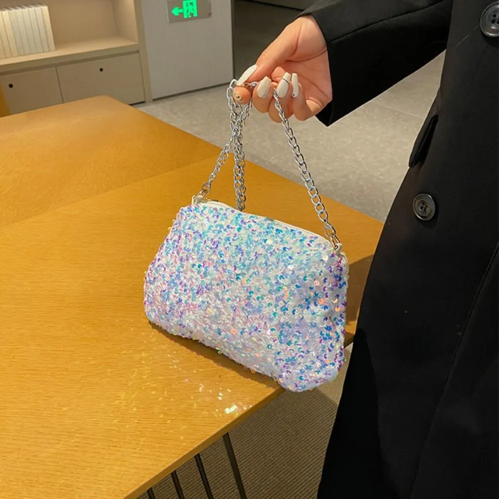 Borsa a tracolla con catena, tinta unita, stile coreano, con paillettes, per telefono, da sera, per cena e feste_voghion.com