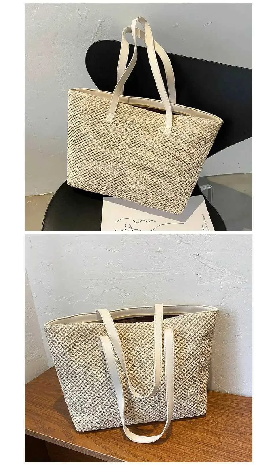 2024 Summer Beach Straw Large Capacity Shopping Solid Color Shoulder Makeup Bag Casual Womens Wallet Handbag Y241011_voghion.com