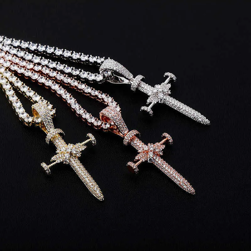 Unisex Ins Full Zircon Nail Cross Pendant Necklace Hip Hop Punk Jewelry Bling Real Yellow Gold Shiny Cz Stone Cubic_voghion.com