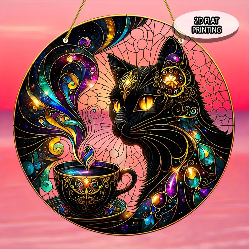 8x8in Black Cat Suncatcher - Colorful Acrylic Window & Wall Decor For Home, Garden & Wreaths_voghion.com