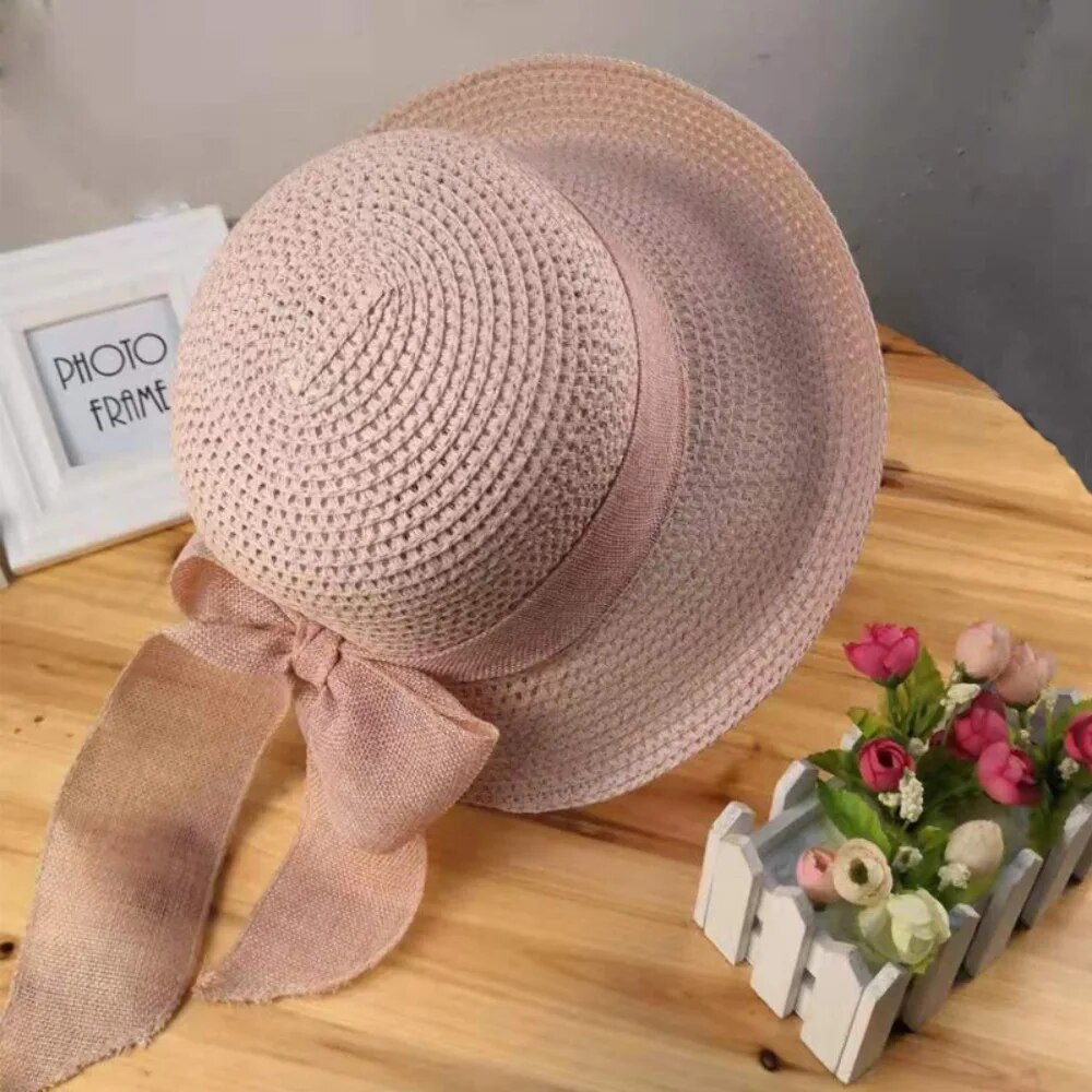 Pălărie de soare pliabilă cu panglică, model vară, pentru femei, pliabilă, cu protecție UV, paie, moda nou-născutului_voghion.com