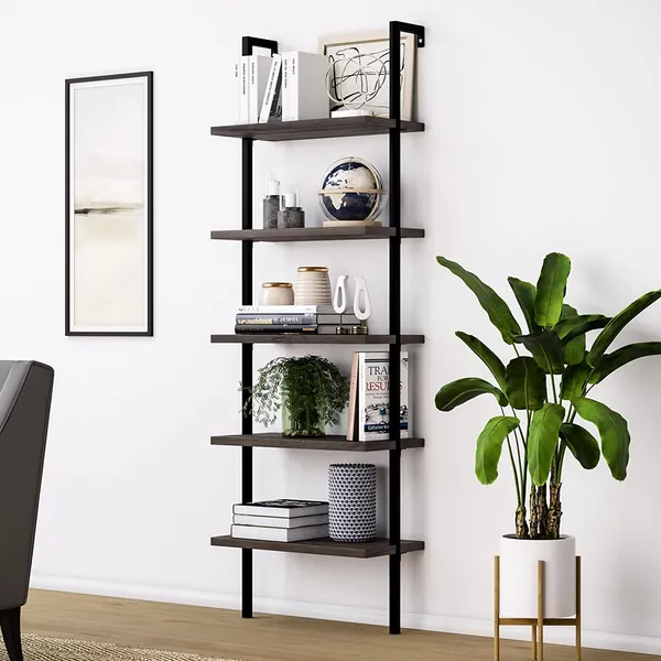 5-Shelf Wood Ladder Bookcase With Metal Frame Industrial 5-Tier Modern Ladder Shelf_voghion.com