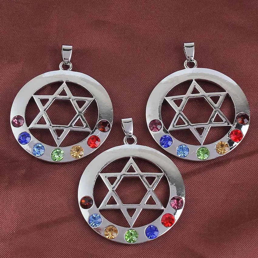 Colliers pendentifs Xinshangmie plaqué argent étoile de David amulette ronde bouclier de protection Reiki 7 cristal strass Chakra_voghion.com