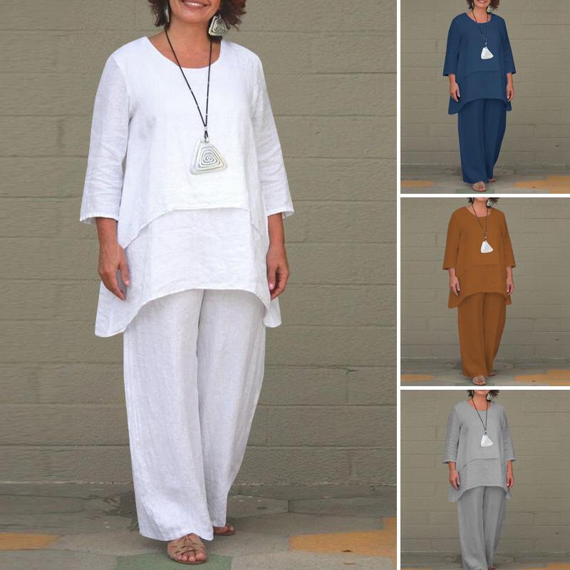 Women's Clothing Cotton And Linen Fashion Casual Large Size Irregular Long-sleeved Suit Wide-leg Pants Two-piece Set