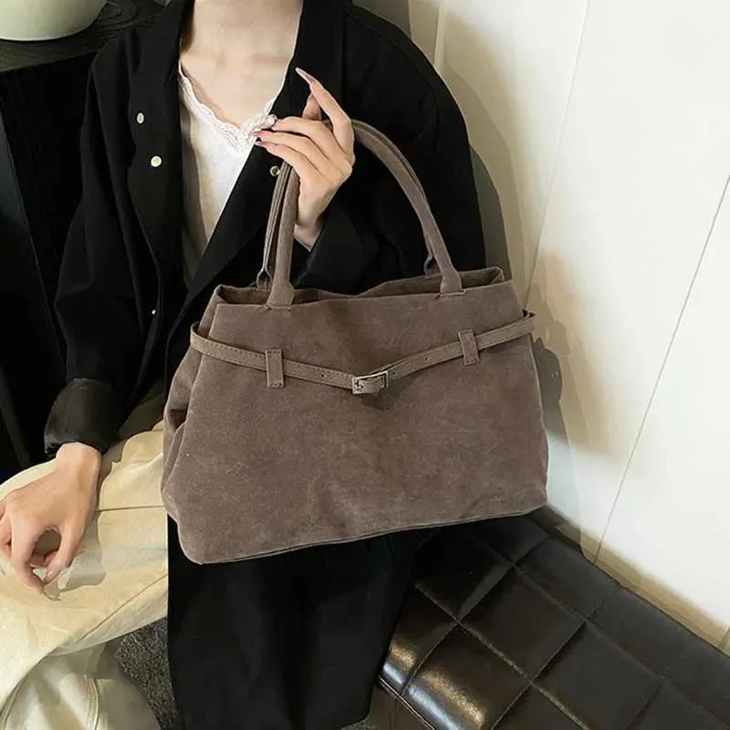 Trendy podzimní hnědá dámská retro semišová velkokapacitní kabelka přes rameno s přezkou, dámská taška do podpaží, BA241104_voghion.com