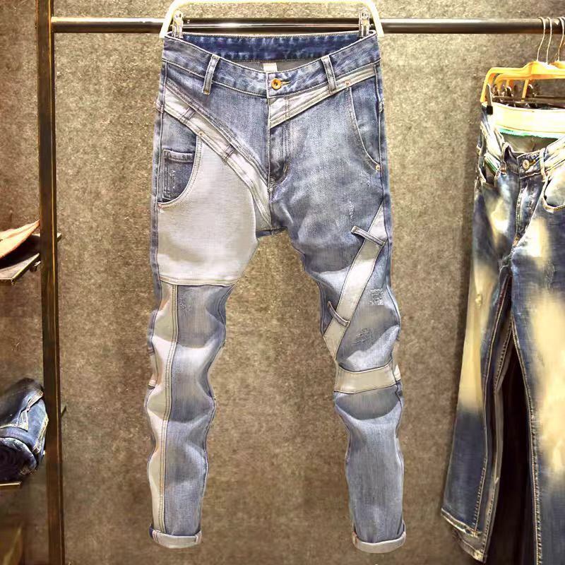 Men's Clothing Autumn And Winter Elastic Patchwork Jeans Handsome Men's Brand Multi-pocket Blue Contrast Men's Slim-fitting Skinny Pants