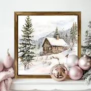 20x20 cm rustik julstuga och renväggkonst - fyrkantig träram, horisontell polerad träfinish, lätt presentplakett för högtider_voghion.com