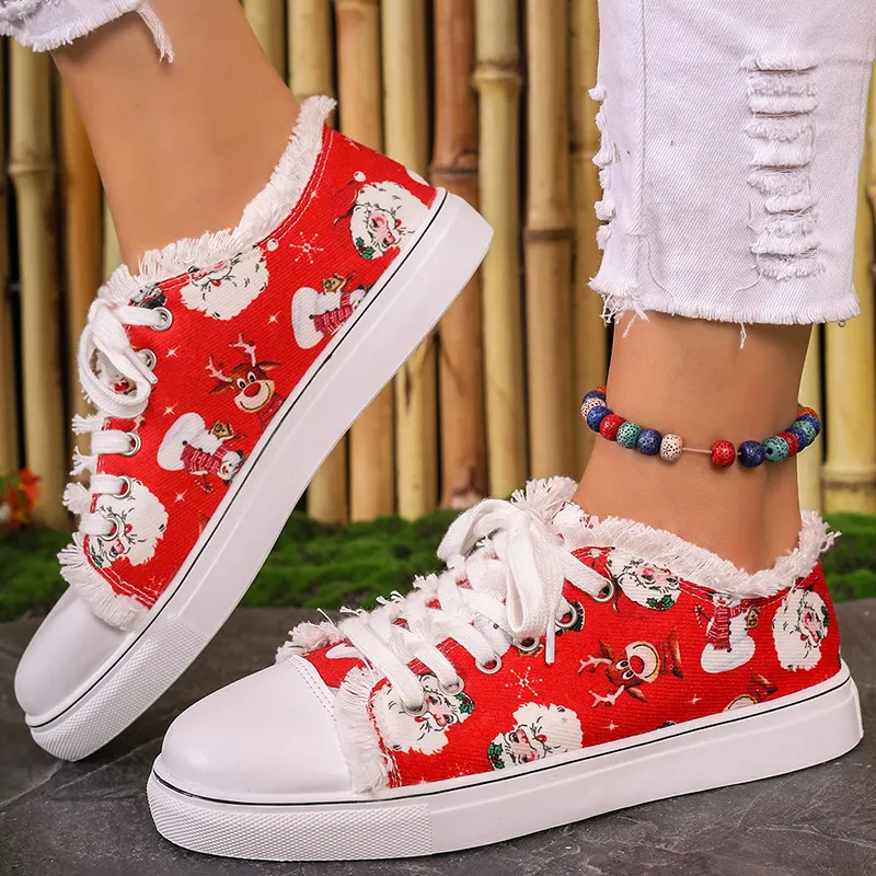 Tênis de Natal Feminino Outono Novo Papai Noel Estampa Moda Adorável Casual Festival Senhoras Sapatos Vulcanizados 2023_voghion.com