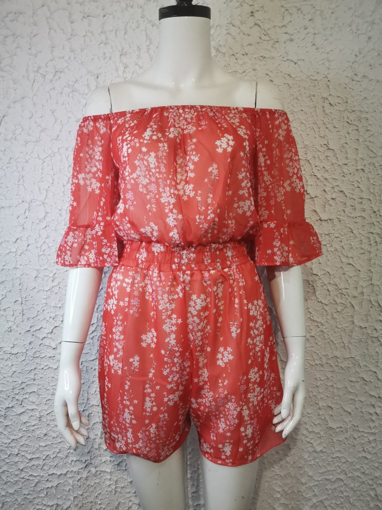 Kurzärmliger, lockerer, einfarbiger Chiffon-Overall für Damen_voghion.com