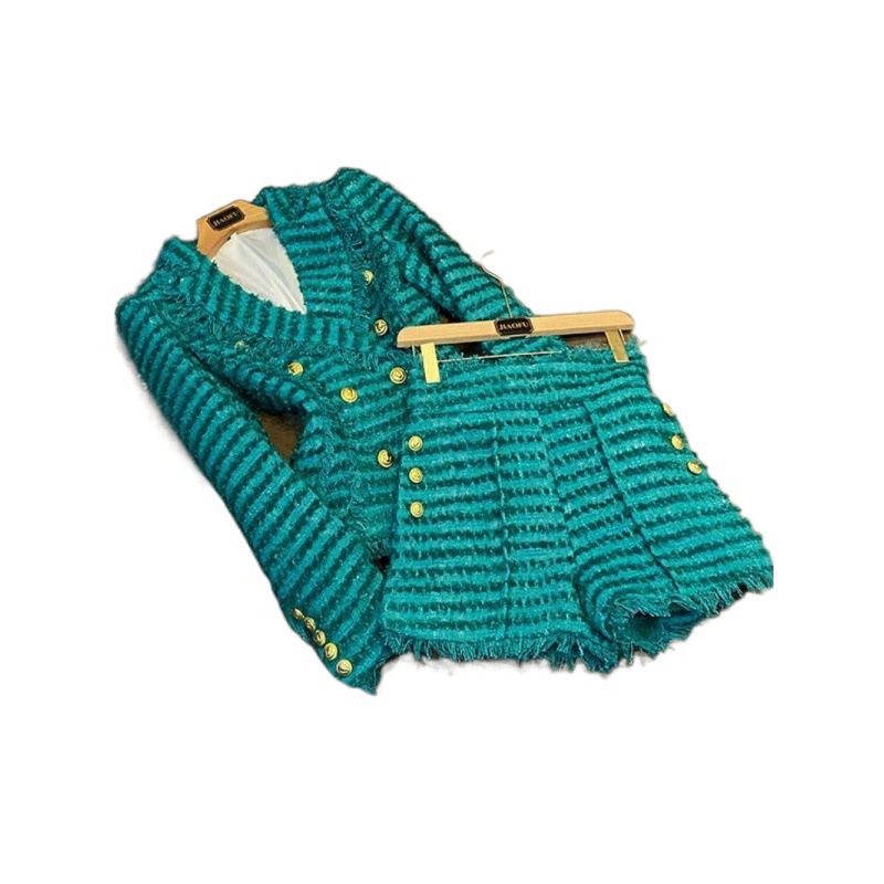 Kvinders mode tweed slim jakkesæt temperament jakkesæt grøn_voghion.com