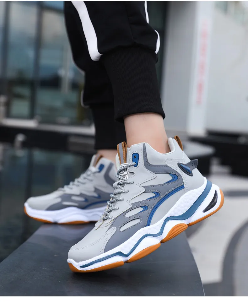 High-top Casual Sneakers For Men Grey Lace-up Trainers_voghion.com