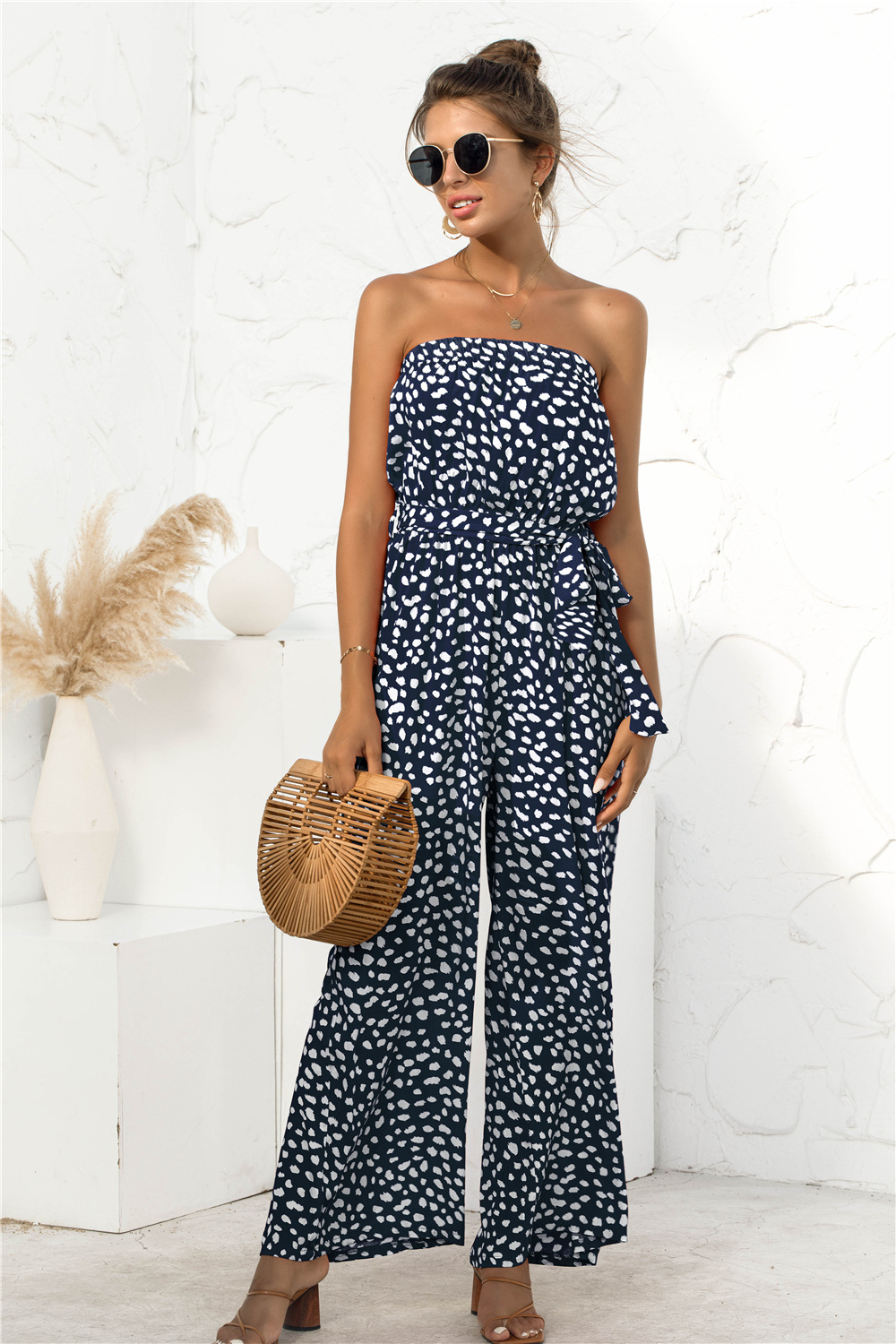 Nuevos productos de verano para mujer, nuevo mono de pierna ancha con cordones y estampado de lunares en forma de corazón y top de tubo sexy_voghion.com