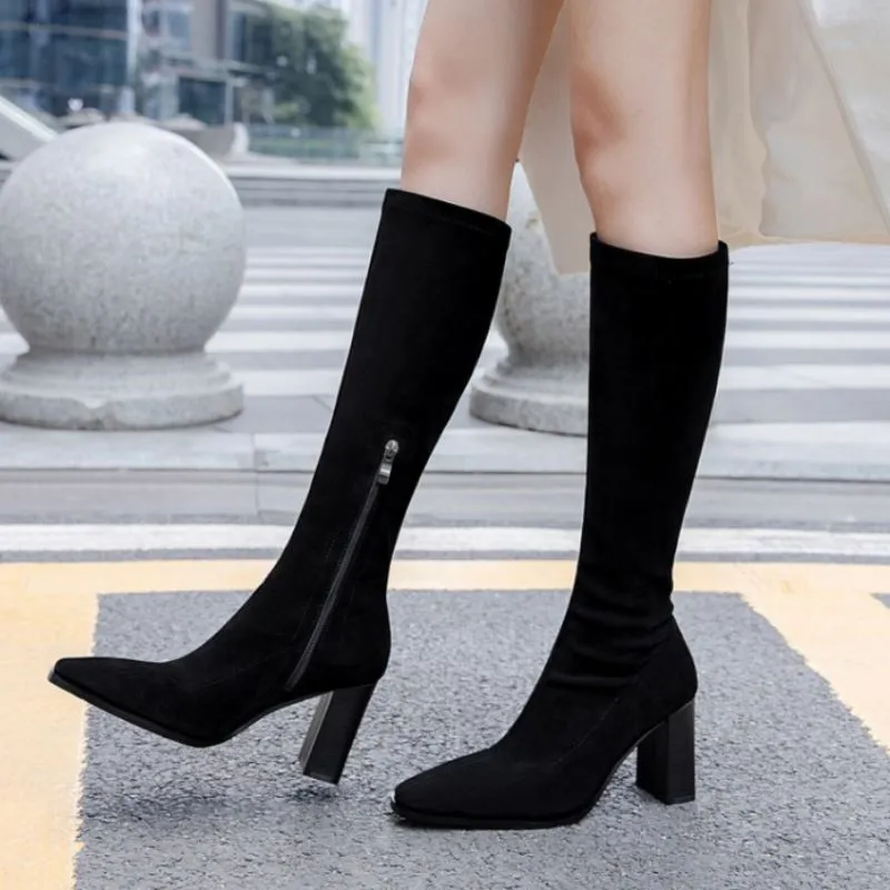 Knee Boots Zipper Thick High Heel Shoes Women Square Toe Winter Warm Long Boot Leather Party Footwear Size 34-39_voghion.com