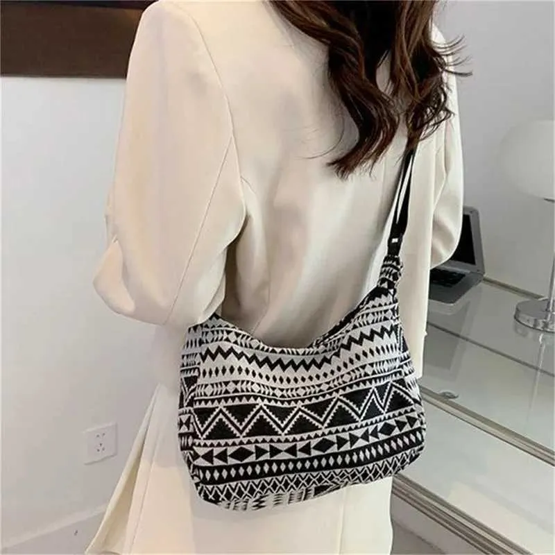 Borsa a tracolla piccola in tela con cerniera semplice stile etnico Fem Messenger Trend 2023 Borsa da spiaggia intrecciata Y241026_voghion.com