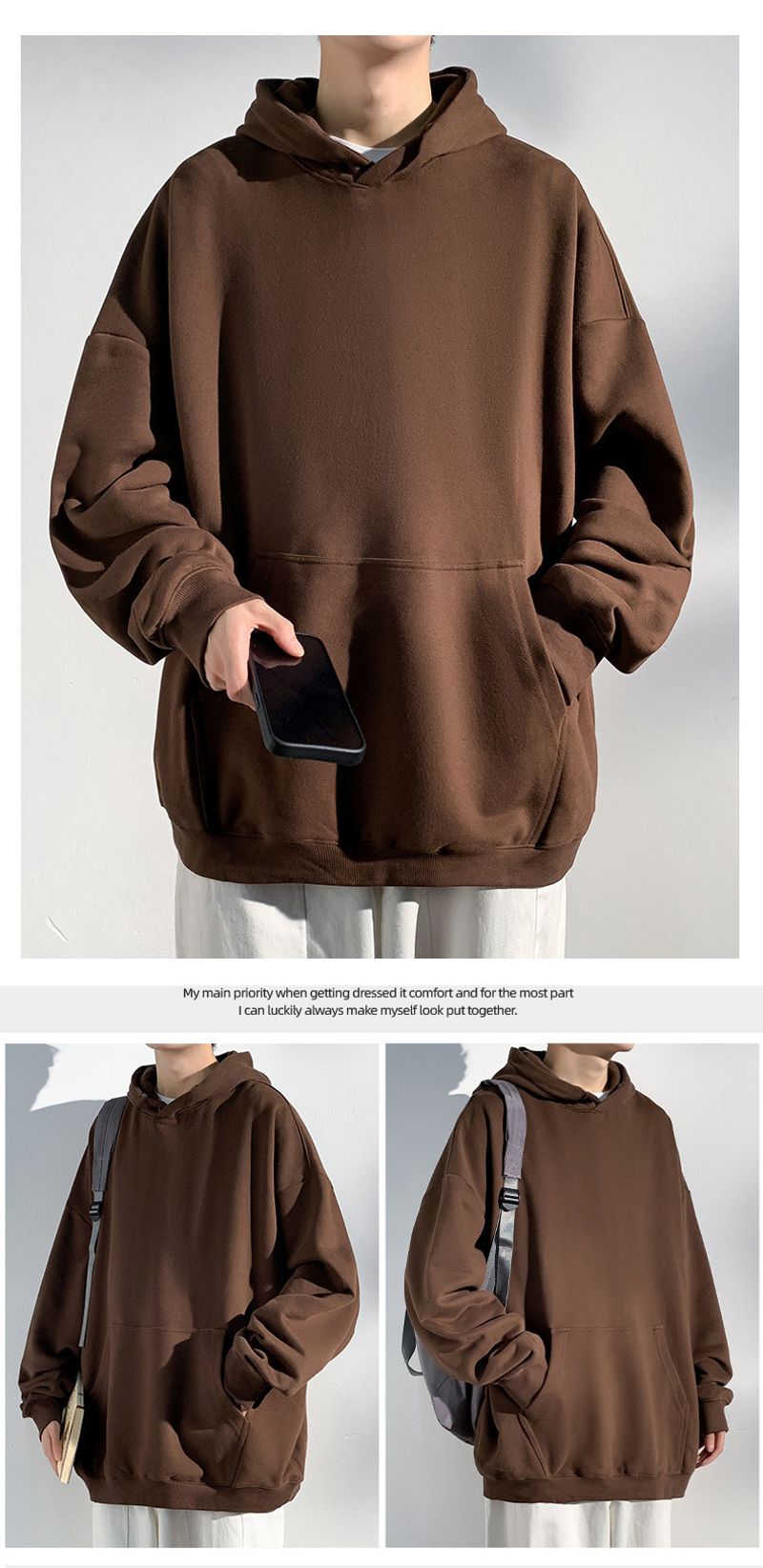 Herbst Kapuzenpullover mit langen Ärmeln, lockere Ins, trendige Marke, lässiger Rundhalspullover, Basishemd, einfarbiges_voghion.com