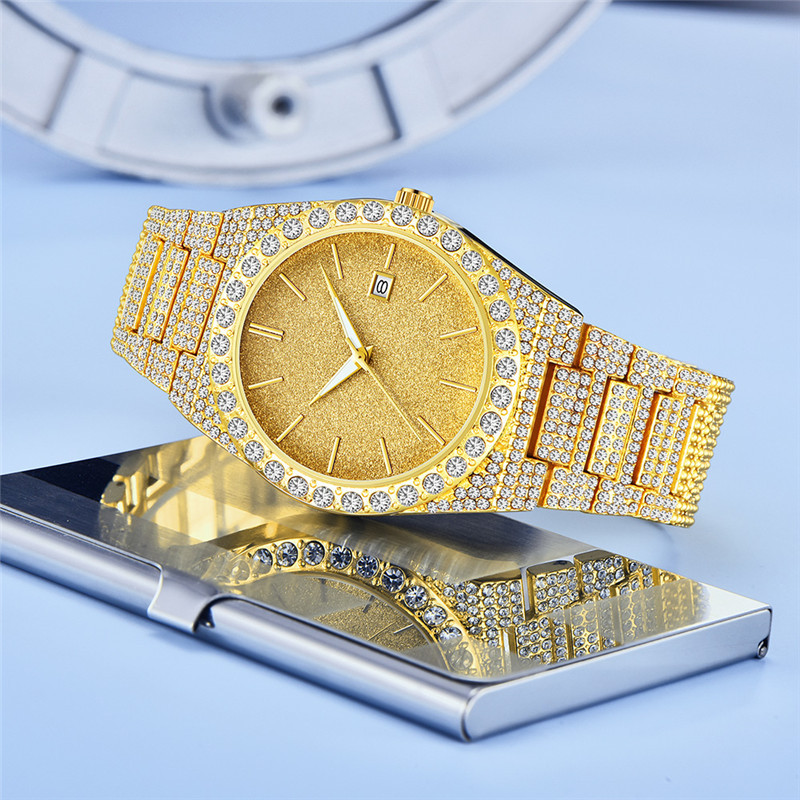 Orologio da uomo al quarzo con calendario in oro e argento con diamanti e datario - Cassa e cinturino in lega - Diverse opzioni di colore_voghion.com