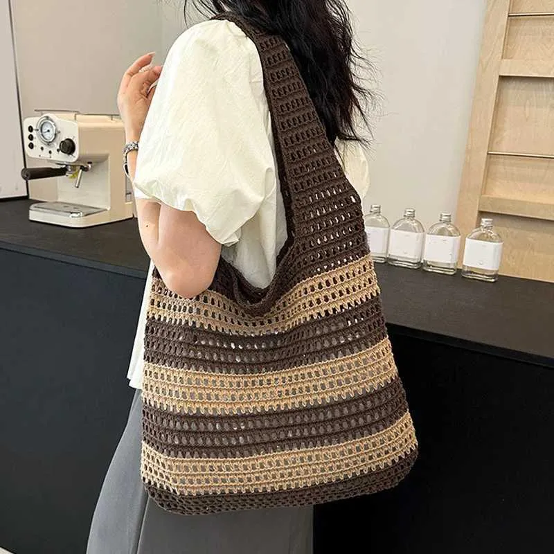 Fashion Shoulder Bag Contrast Hollow Knitted Belt Womens Handbag Y241011_voghion.com