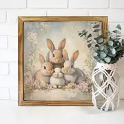 8x8" Rustikales Holzschild: Drei kuschelnde Hasen - Bauernhaus-Wanddekoration für Zuhause, Küche, Büro - Perfektes Oster-/Einweihungsgeschenk_voghion.com