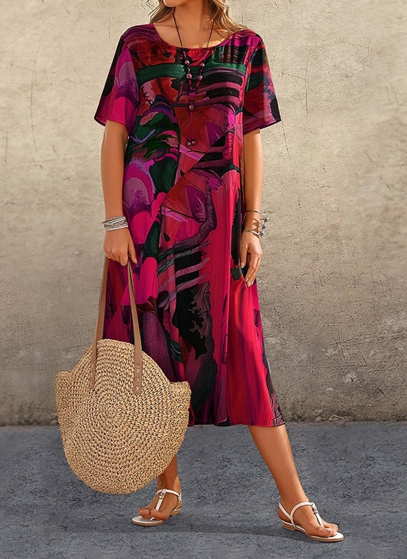  Robe imprimée décontractée pour femmes, manches courtes, taille, col rond, robe de plage ample, été_voghion.com
