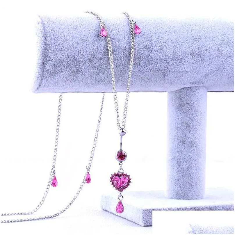 Wassertropfen Pfirsich Herz Kristall Bauchketten Baumeln Knopf Ring Mit Taille Kette Strass Nabel Piercing Körperschmuck_voghion.com