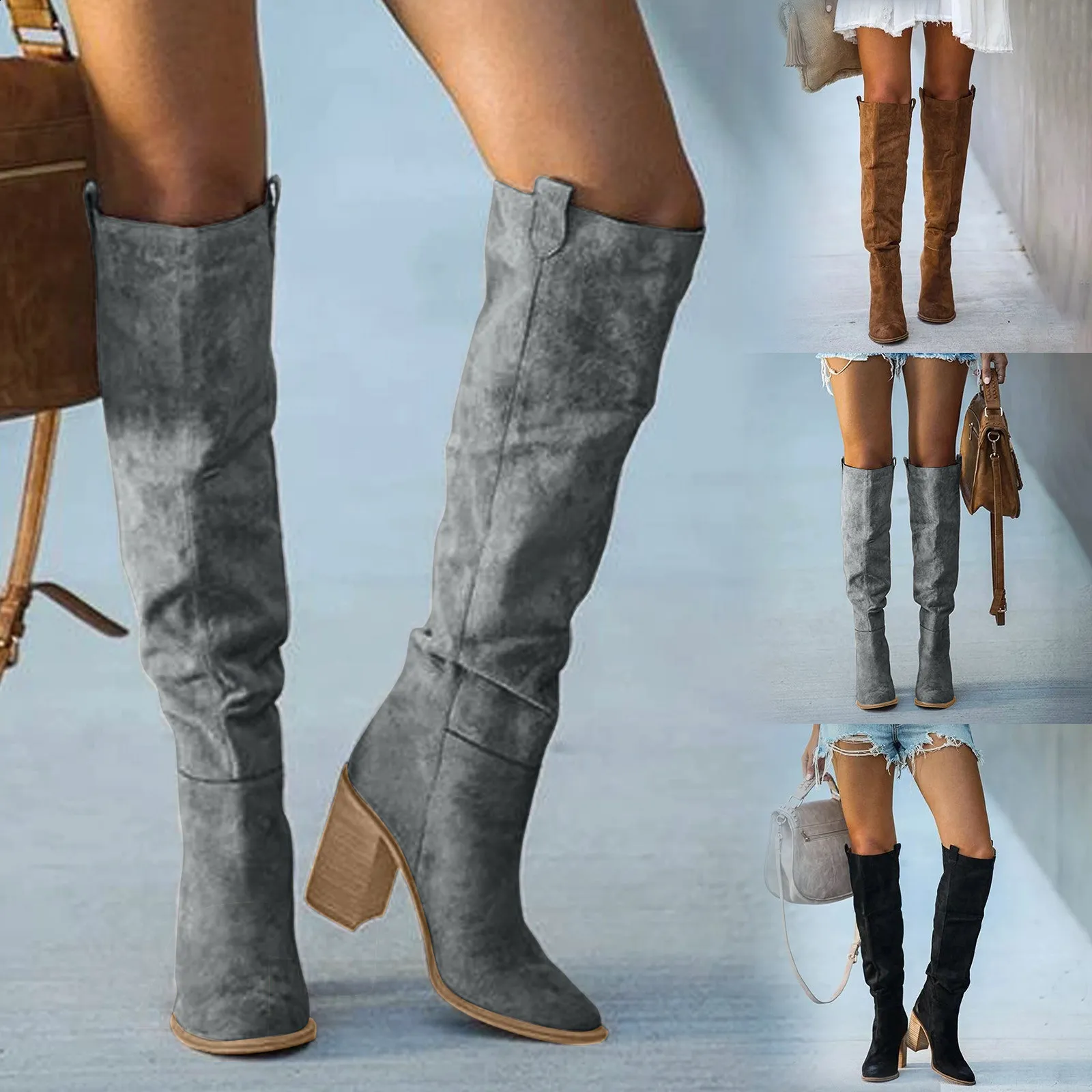 Modische, lässige Retro-Stiefel aus Denim mit langen Knien und quadratischen High Heels für Damen Bottes Womens Botas De Mujer atos 240911_voghion.com