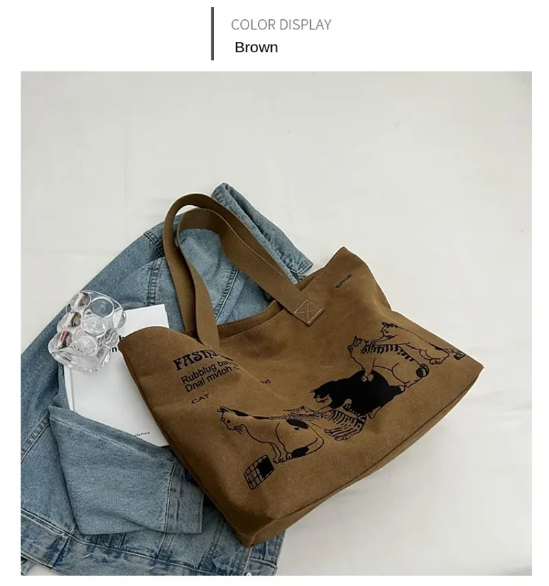 Große Tragetasche für Damen zum Einkaufen, Aufbewahren, Pendeln, Canvas-Handtasche, Cartoon-Katzen-Aufdruck, tragbare_voghion.com