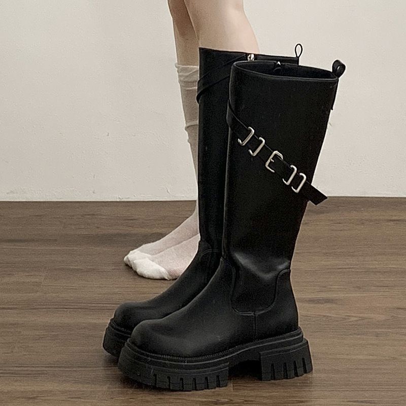 Freizeit Britische schwarze knielange Schlankheitsstiefel mit dicken Sohlen lang für Damen 2024 Neue Herbst- und Winterstiefel mit dickem Schaft_voghion.com
