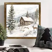 20x20 cm rustik julstuga och renväggkonst - fyrkantig träram, horisontell polerad träfinish, lätt presentplakett för högtider_voghion.com