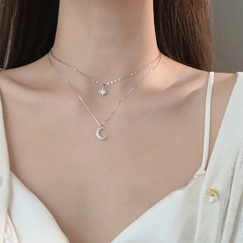 Colier elegant cu lună, stele strălucitoare, pandantiv stratificat, cu cerc, pentru petrecere de ziua de naștere, bijuterii la modă pentru femei_voghion.com