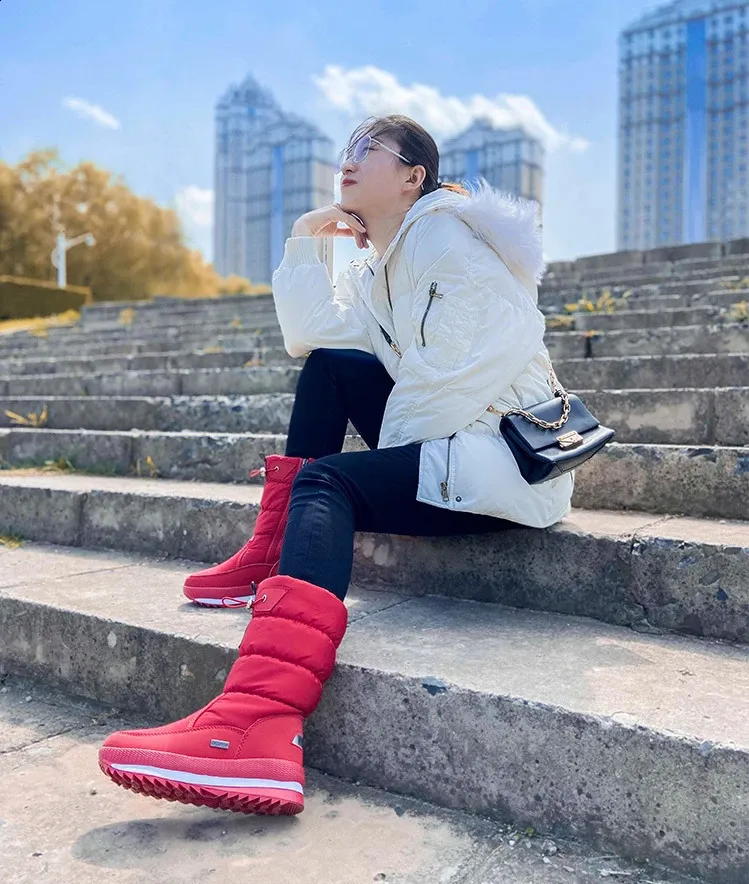 Woman Chunky Womens Shoes For Snow Boots Half High Moon Platform Mid Calf Round Toe Big Red Waterproof With Chic Point_voghion.com