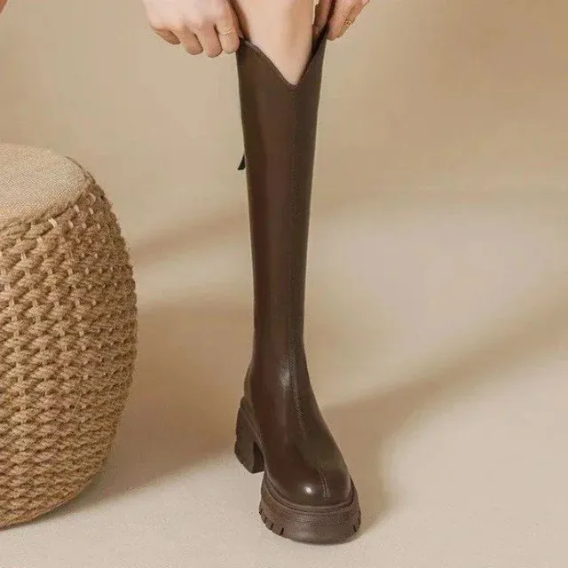 Sole Thick Womens High-top Brown Elasticity Autumn Winter Long Boots Stylish Comfortable For Riding_voghion.com