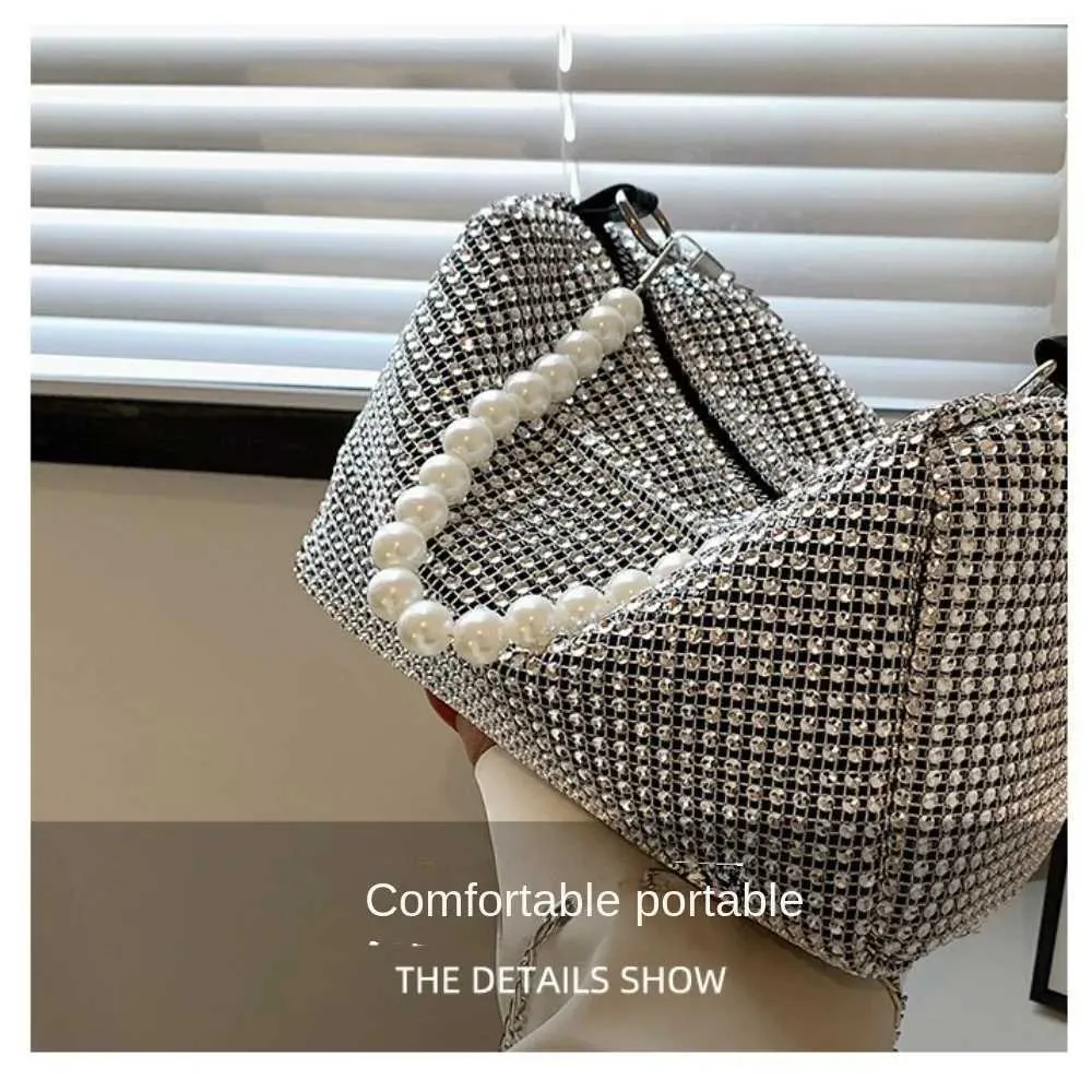 Sac messager à fermeture éclair en métal avec poignée en perles, grande capacité, sac à bandoulière décoratif à diamants brillants pour lui/voyage Y241026_voghion.com